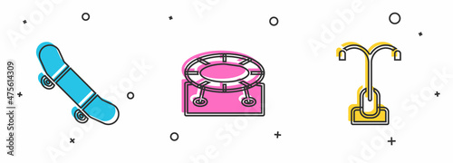 Set Skateboard trick, Jumping trampoline and Street light icon. Vector