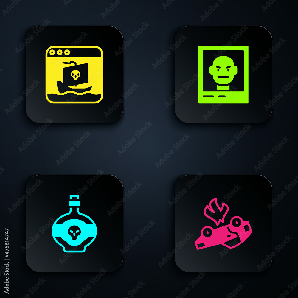 Set Burning car, Internet piracy, Poison bottle and Wanted poster. Black square button. Vector Set Burning car, Internet piracy, Poison bottle and Wanted poster. Black square button. Vector