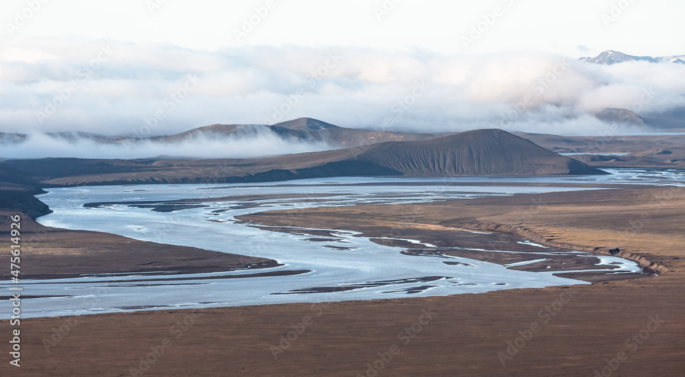 Icelandic highlands with glacier river flow Icelandic highlands with glacier river flow
