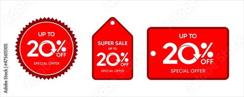 Discount up to 20 percent, promotion label on red color sticker isolated on white background, special offer sales promotion discount. vector template illustration