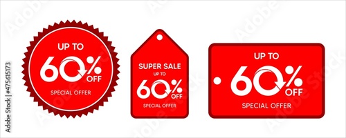 Discount up to 60 percent, promotion label on red color sticker isolated on white background, special offer sales promotion discount. vector template illustration