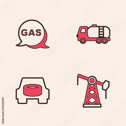 Set Oil pump or pump jack, Location and gas station, Tanker truck and Spare wheel in the car icon. Vector
