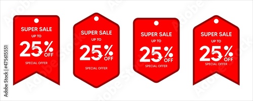 Discount up to 25 percent, promotion label on red color sticker isolated on white background, special offer sales promotion discount. vector template illustration