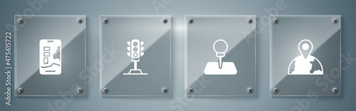 Set Location on the globe, Push pin, Traffic light and City map navigation. Square glass panels. Vector