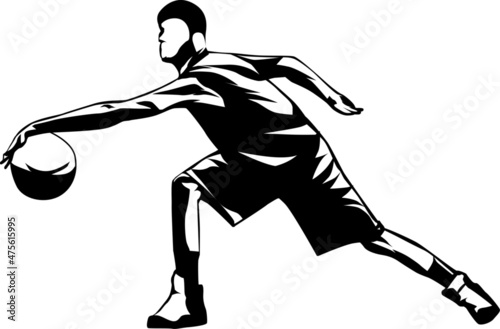 a silhouette vector illustration of a dribbling athlete with a basketball, white background.