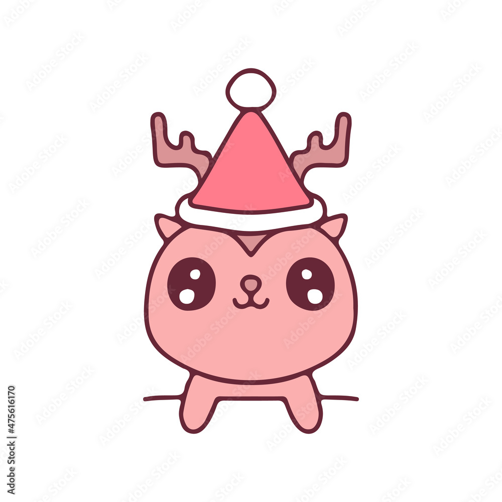 Fototapeta premium Kawaii reindeer with Santa hat .illustration for t shirt, poster, sticker, or apparel merchandise.