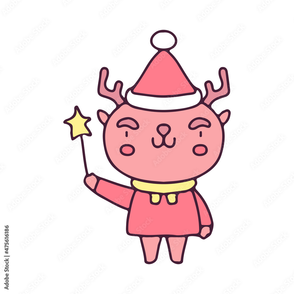 Cute reindeer in Santa costume holding magic wand .illustration for t shirt, poster, logo, sticker, or apparel merchandise. Cute reindeer in Santa costume holding magic wand .illustration for t shirt, poster, logo, sticker, or apparel merchandise.