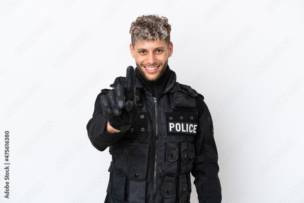 SWAT caucasian man isolated on white background showing and lifting a finger SWAT caucasian man isolated on white background showing and lifting a finger