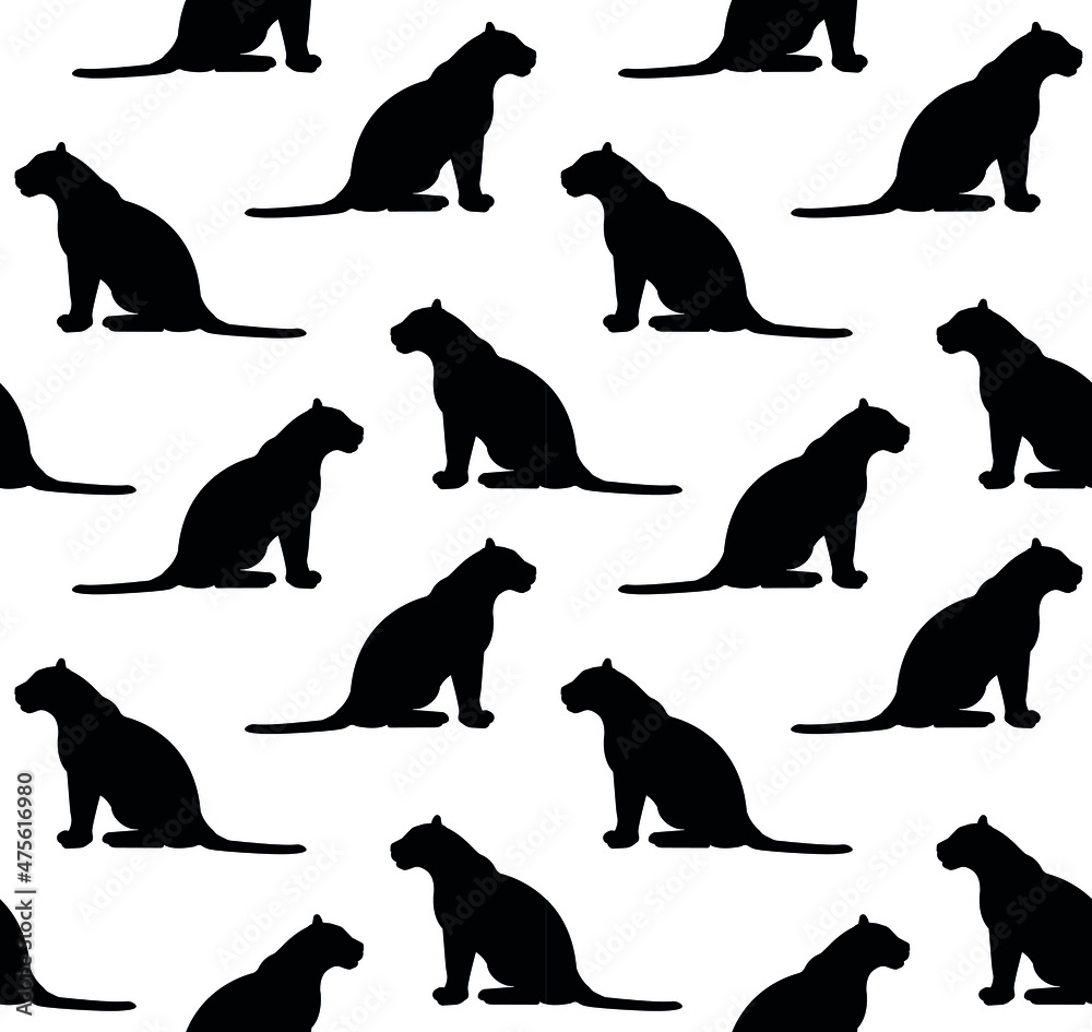 Vector seamless pattern of flat sitting tiger silhouette isolated on white background