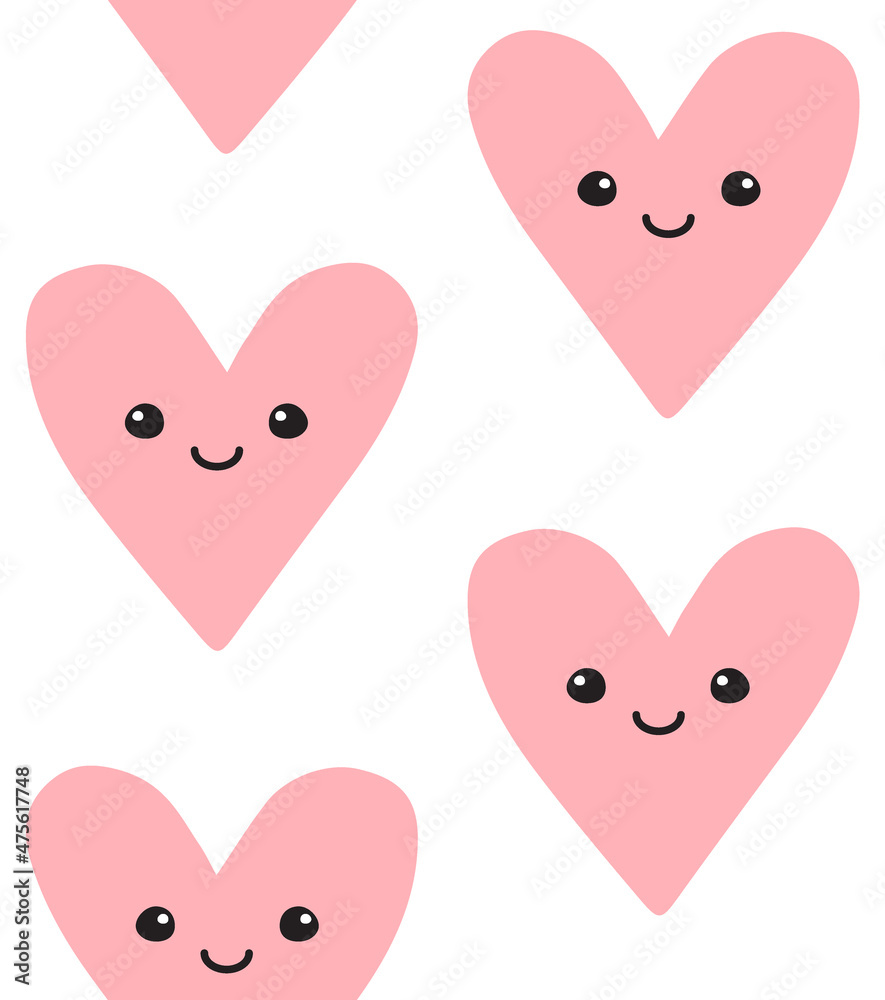 Vector seamless pattern of pink hand drawn doodle sketch heart with face isolated on white background