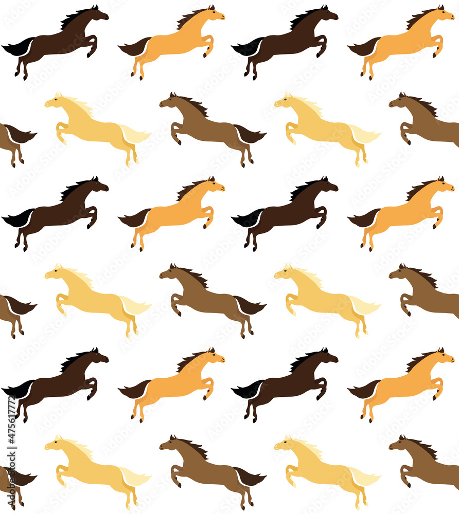 Vector seamless pattern of colored flat jumping horse isolated on white background