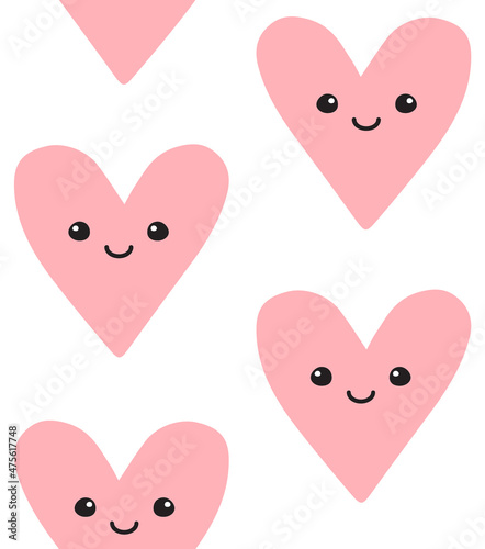 Vector seamless pattern of pink hand drawn doodle sketch heart with face isolated on white background
