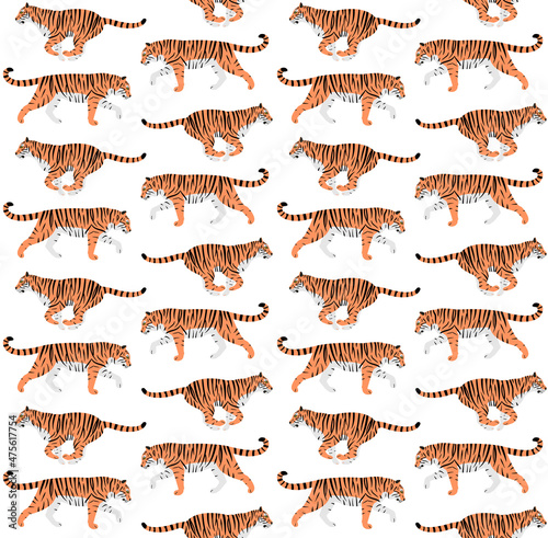 Vector seamless pattern of flat tigers isolated on white background
