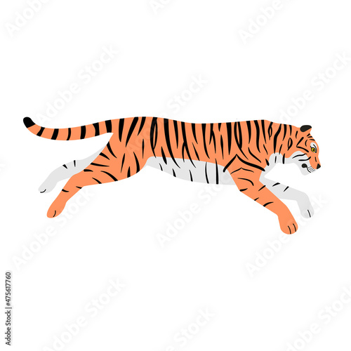 Vector flat hand drawn jumping tiger isolated on white background