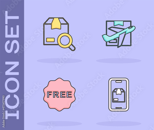 Set Mobile app delivery tracking, Search package, rice tag with Free and Plane and cardboard box icon. Vector