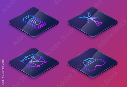 Set Isometric line Smartphone, mobile phone, Neural network, Wind turbine and Virtual reality glasses. Blue square button. Vector