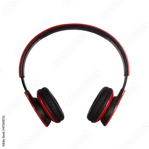 Wireless stereo headphones in red and black colors on a white isolated background