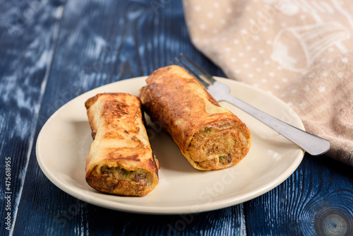 potato rolls with bacon and mushrooms and onion