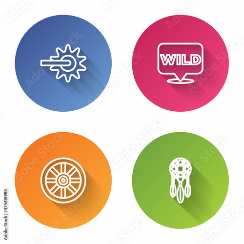 Set line Spur, Pointer to wild west, Old wooden wheel and Dream catcher with feathers. Color circle button. Vector