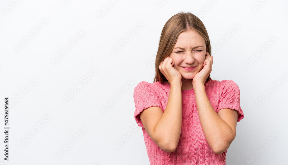 Young Russian woman isolated on white background frustrated and covering ears Young Russian woman isolated on white background frustrated and covering ears