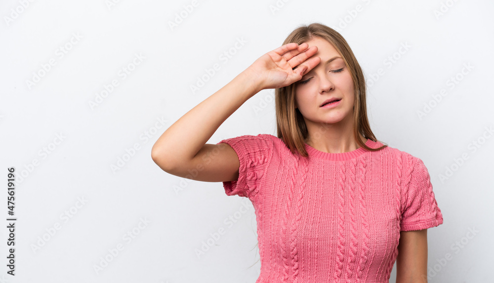 Young Russian woman isolated on white background with tired and sick expression Young Russian woman isolated on white background with tired and sick expression