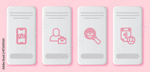 Set line Video camera Off on mobile, Freelancer, Magnifying glass with briefcase and Time management. White rectangle button. Vector