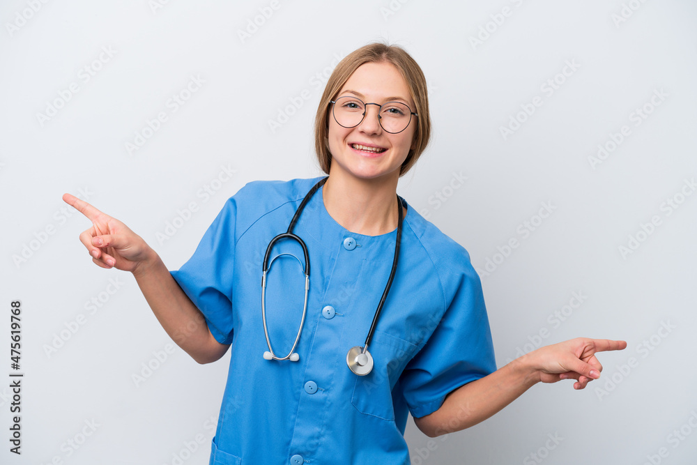 Young nurse doctor woman isolated on white background pointing finger to the laterals and happy Young nurse doctor woman isolated on white background pointing finger to the laterals and happy