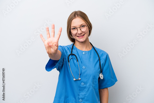 Young nurse doctor woman isolated on white background happy and counting four with fingers