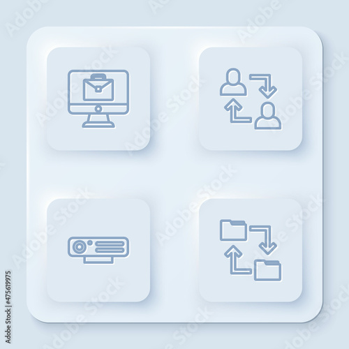 Set line Online working, Project team base, Web camera and Cloud storage document folder. White square button. Vector