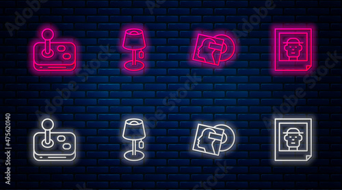 Set line Floor lamp, Vinyl disk, Joystick and Photo. Glowing neon icon on brick wall. Vector
