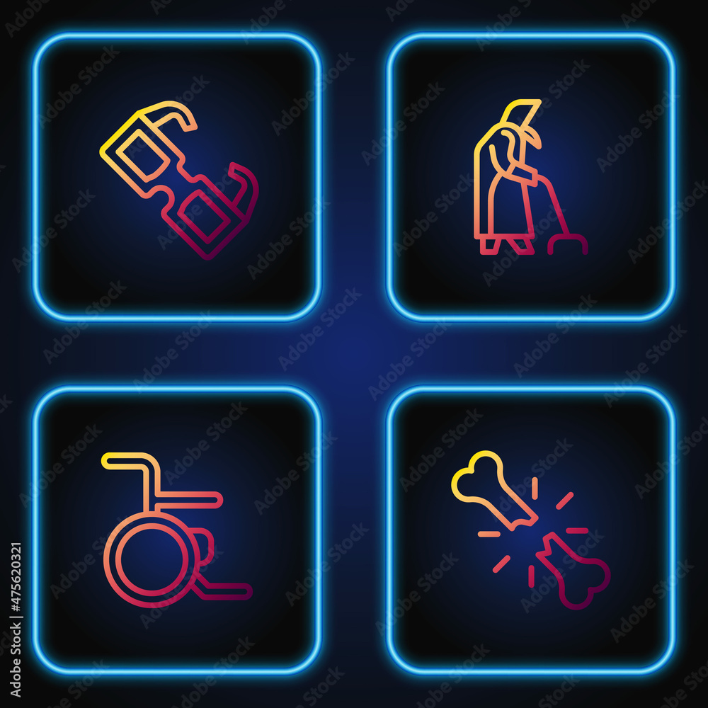 Set line Human broken bone, Wheelchair, Eyeglasses and Grandmother. Gradient color icons. Vector Set line Human broken bone, Wheelchair, Eyeglasses and Grandmother. Gradient color icons. Vector
