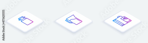 Set Isometric line Can container for milk, Milk jug pitcher and Paper package. White square button. Vector
