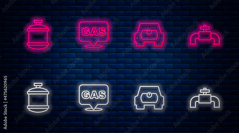 Set line Location and gas station, Gas tank for vehicle, Propane and Metallic pipes valve. Glowing neon icon on brick wall. Vector Set line Location and gas station, Gas tank for vehicle, Propane and Metallic pipes valve. Glowing neon icon on brick wall. Vector