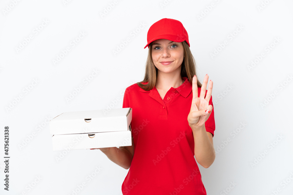 Pizza delivery Lithuanian woman isolated on white background happy and counting three with fingers Pizza delivery Lithuanian woman isolated on white background happy and counting three with fingers