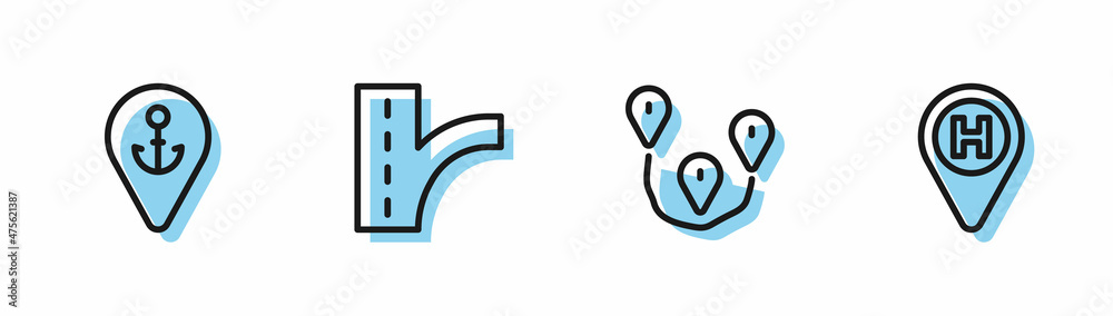 Set line Route location, Location with anchor, Road traffic sign and Helicopter landing pad icon. Vector Set line Route location, Location with anchor, Road traffic sign and Helicopter landing pad icon. Vector