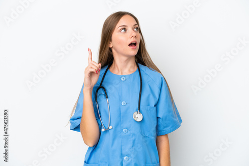 Young surgeon doctor Lithuanian woman isolated on white background intending to realizes the solution while lifting a finger up