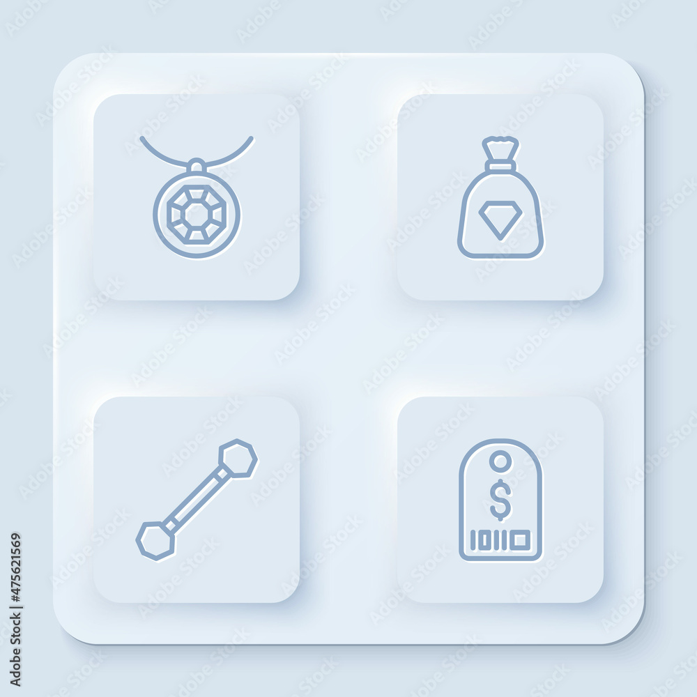 Set line Pendant on necklace, Bag with gems, Piercing and Price tag dollar. White square button. Vector Set line Pendant on necklace, Bag with gems, Piercing and Price tag dollar. White square button. Vector