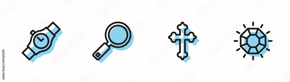 Set line Christian cross, Wrist watch, Magnifying glass and Diamond icon. Vector Set line Christian cross, Wrist watch, Magnifying glass and Diamond icon. Vector