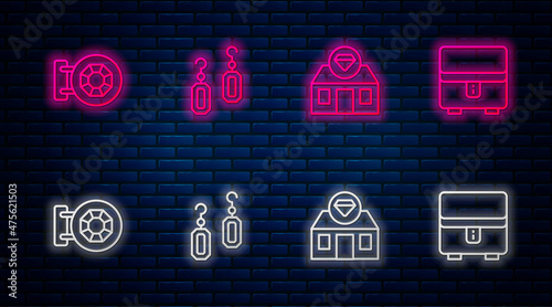 Set line Earrings, Jewelry store, and box. Glowing neon icon on brick wall. Vector