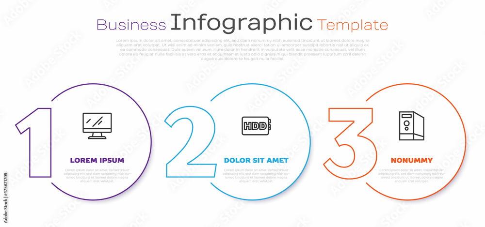Set line Computer monitor screen, Hard disk drive HDD and Case of computer. Business infographic template. Vector Set line Computer monitor screen, Hard disk drive HDD and Case of computer. Business infographic template. Vector
