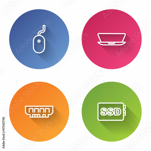 Set line Computer mouse, Laptop, RAM, random access memory and SSD card. Color circle button. Vector