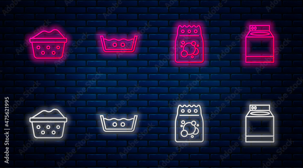 Set line Temperature wash, Laundry detergent, Basin with soap suds and Washer. Glowing neon icon on brick wall. Vector Set line Temperature wash, Laundry detergent, Basin with soap suds and Washer. Glowing neon icon on brick wall. Vector