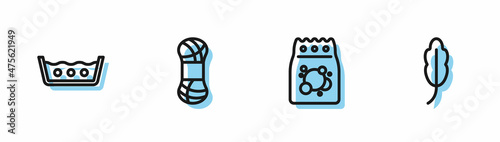 Set line Laundry detergent, Temperature wash, Yarn and Feather icon. Vector