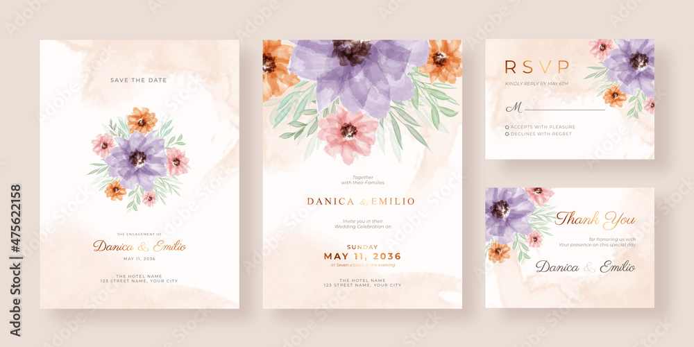Romantic and elegant watercolor wedding invitation template with beautiful floral