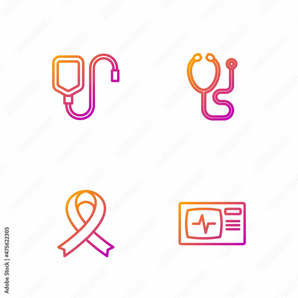 Set line Monitor with cardiogram, Awareness ribbon, IV bag and Stethoscope. Gradient color icons. Vector