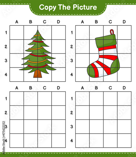 Copy the picture, copy the picture of Christmas Tree and Christmas Sock using grid lines. Educational children game, printable worksheet, vector illustration