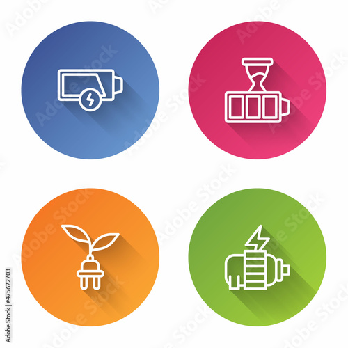 Set line Low battery, Battery charge, Electric saving plug in leaf and motor. Color circle button. Vector