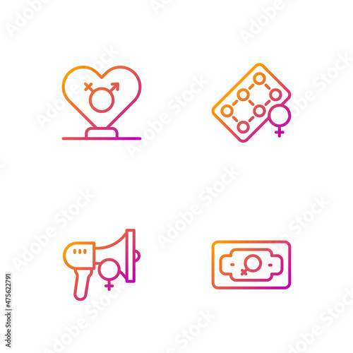 Set line Money growth woman, Feminist activist, Gender and Packaging of birth control pills. Gradient color icons. Vector