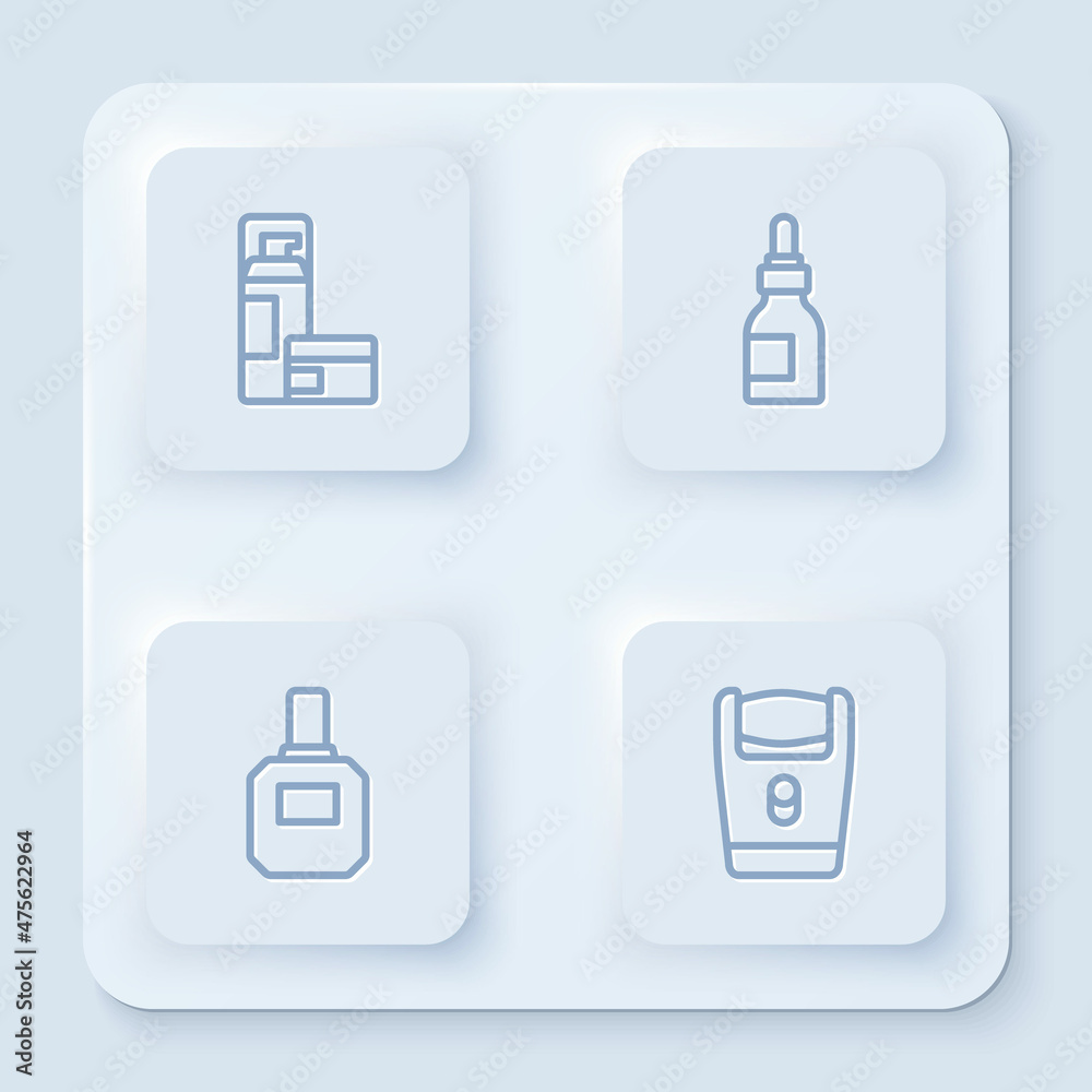 Set line Shaving gel foam, Oil bottle, Aftershave and Electric razor blade. White square button. Vector