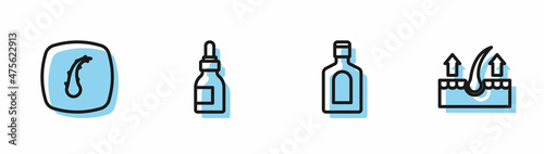 Set line Bottle of shampoo, Human hair follicle, Oil bottle and icon. Vector